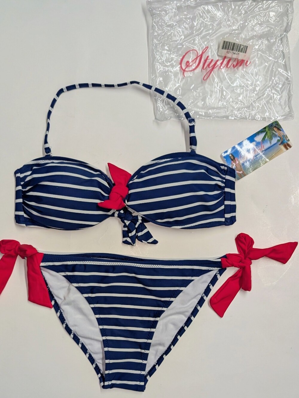 NWT STYLISH Nautical Striped Bikini White Blue Red Bow Low Rise Swimsuit Lg&Med